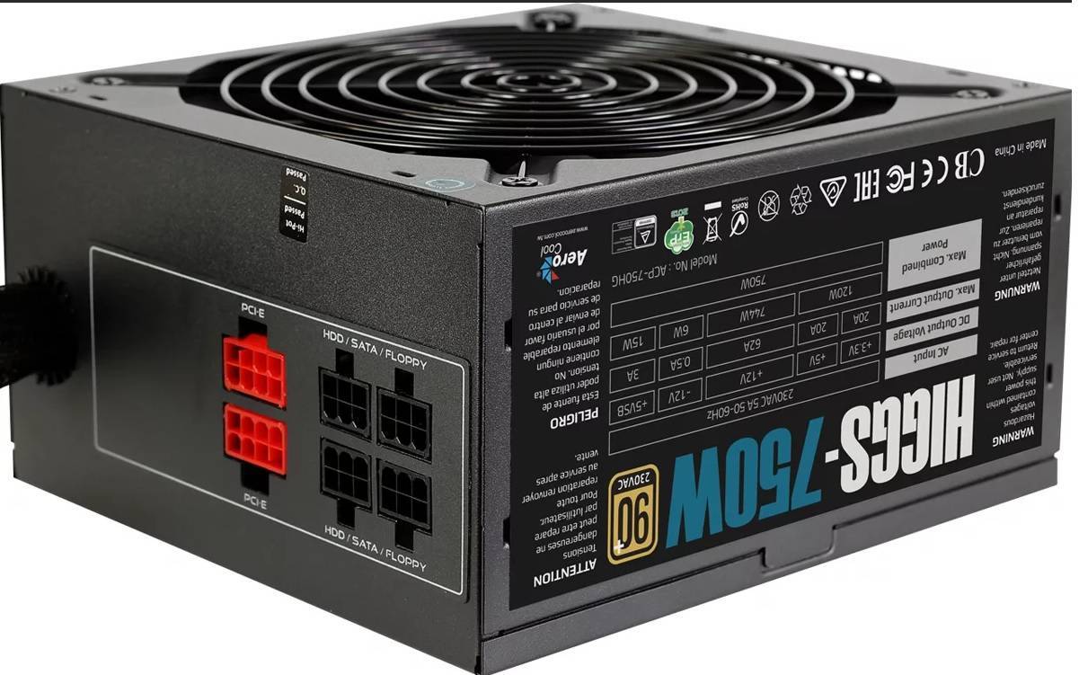 Блок питания Aerocool HIGGS-750 <750W, (20+4+4) pin, 4x(6+2) pin, 8xSATA, 5xMolex, FDD, 12 см, 90%,