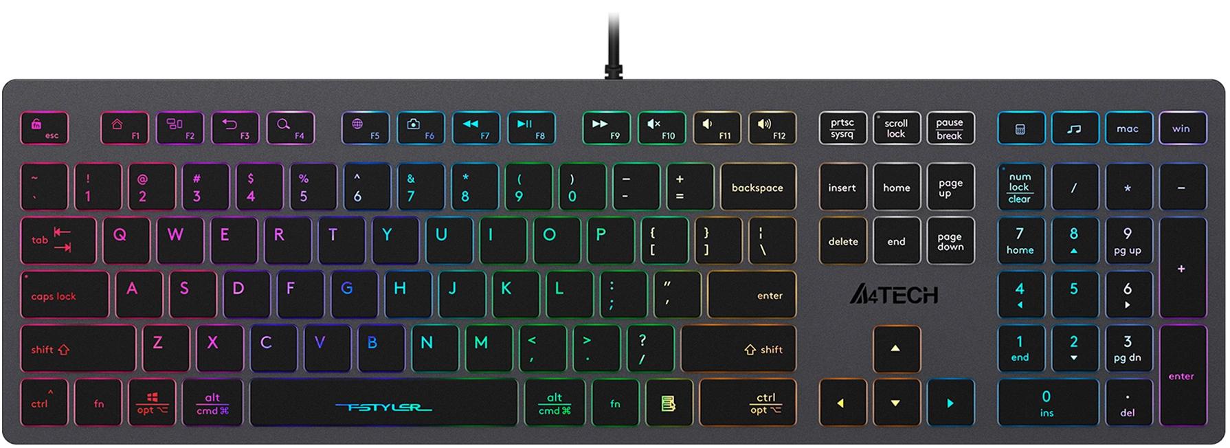 Клавиатура A4Tech FX60H серый USB slim LED (FX60H GREY/NEON) кабель 1.5м