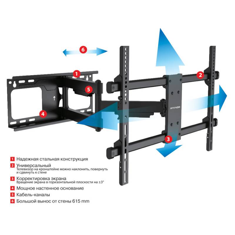Кронштейн для телевизора Arm Media PARAMOUNT-60 черный 32"-75" макс.60кг настенный поворот и наклон