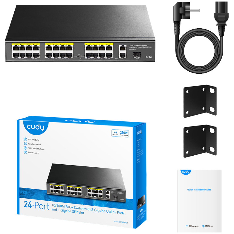 Коммутатор Cudy FS1026PS1 (L2) 24x100Мбит/с 2x1Гбит/с 1SFP 24PoE 24PoE+ 300W неуправляемый
