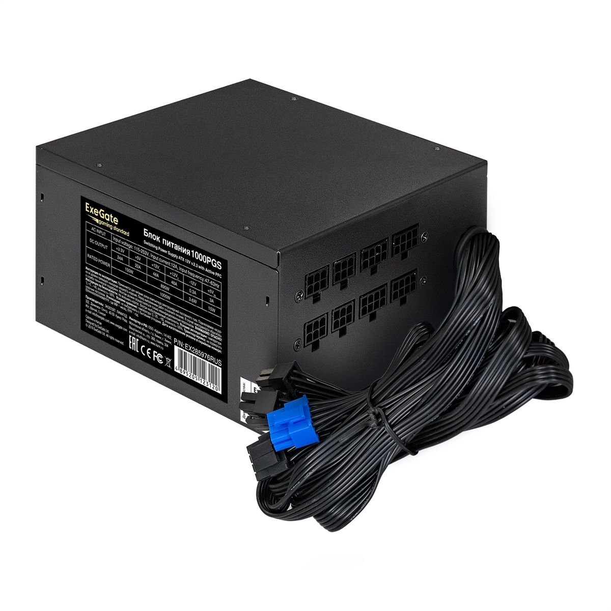 Блок питания 1000W ExeGate Gaming Standard 1000PGS (ATX, APFC, КПД 82% (80 PLUS), 14cm fan, 24pin, 2