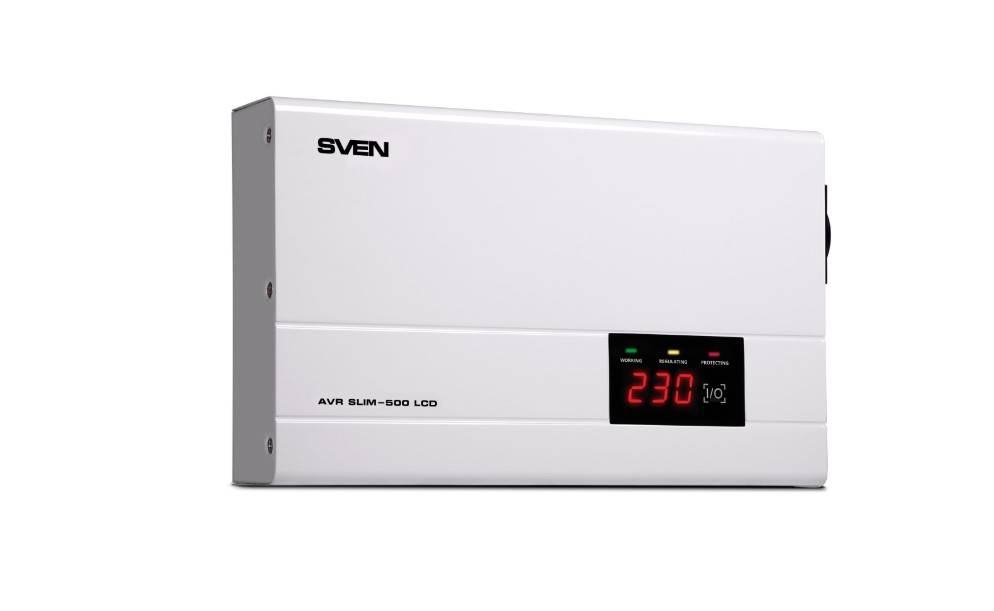 SVEN Стабилизатор  AVR SLIM-500 LCD (400Вт,Входное 140-260В, 1*CEE7/4 розетка, настенное крепление).