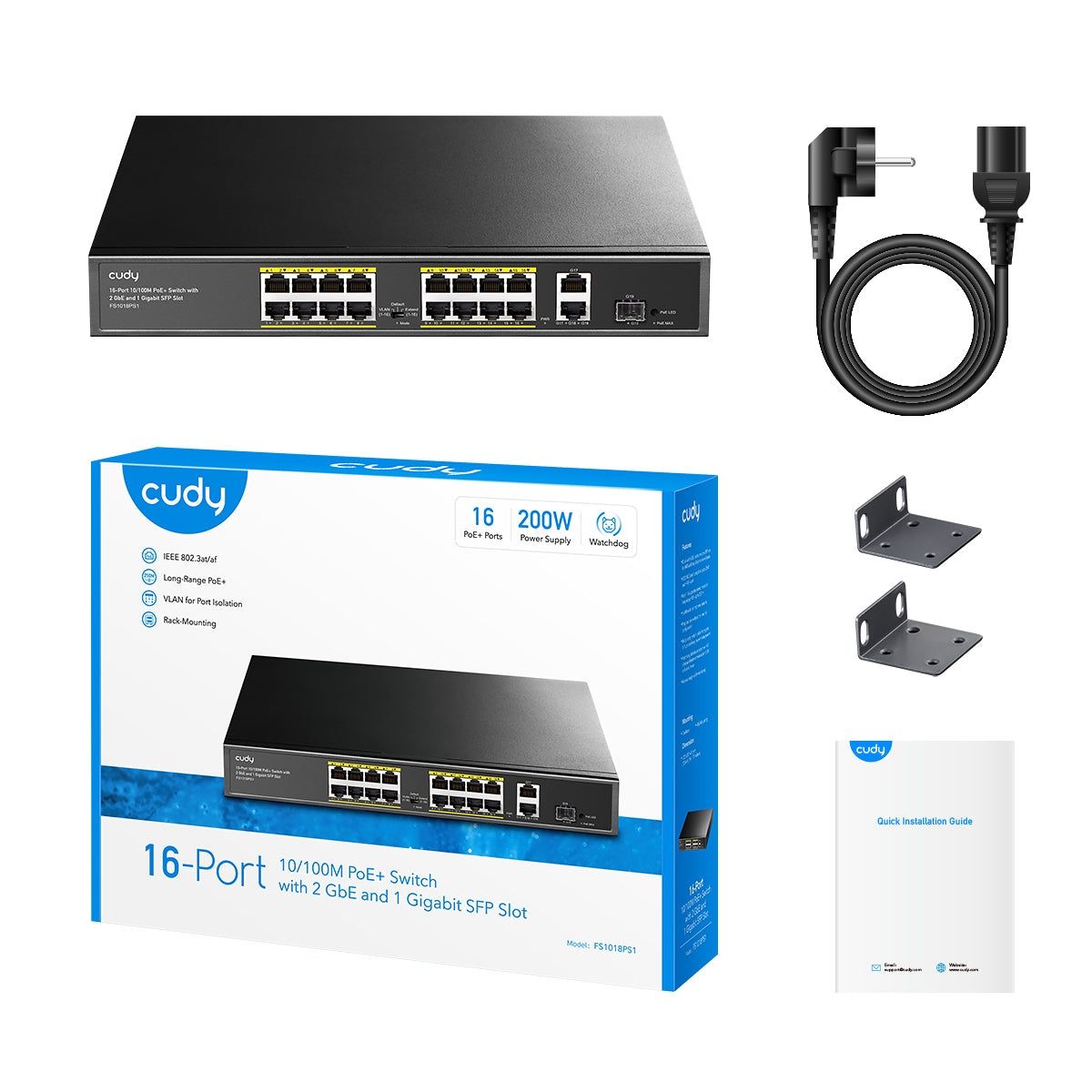 Коммутатор Cudy FS1018PS1 (L2) 16x100Мбит/с 2x1Гбит/с 1SFP 16PoE+ 200W неуправляемый