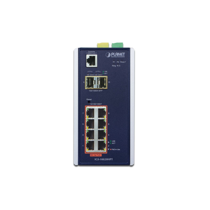 Коммутатор PLANET IP30 L2+ SNMP Manageable 8-Port Gigabit POE+(AT) Switch + 2-Port Gigabit SFP Indus