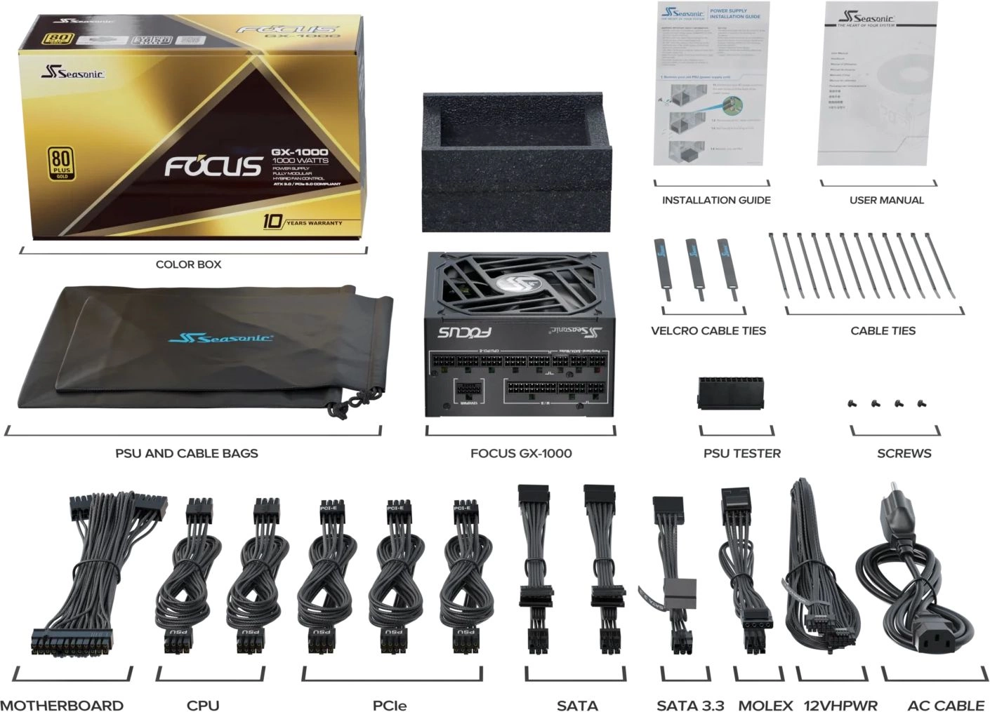 Блок питания Seasonic ATX 1000W Focus GX-1000 80+ gold (20+4pin) APFC 135mm fan 10xSATA Cab Manag RT