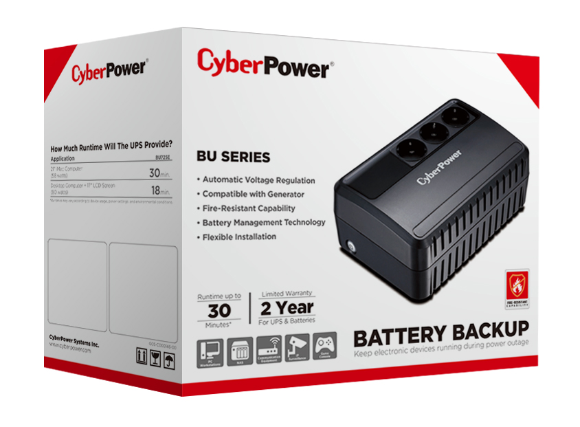 ИБП CyberPower BU725E Line-interactive 725VA/390W (Euro x3, 240x91.5x158(мм), 3,8кг)