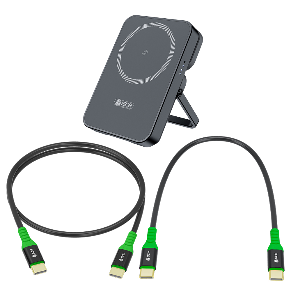 Повербанк/ GCR PRO Комплект PowerBank магнитный 2в1 на 5000mAh MagSafe беспроводная зарядка/Type-C PD + 2 кабеля Type-C M/M, 0.15m/1.0m PD 60W, черный
