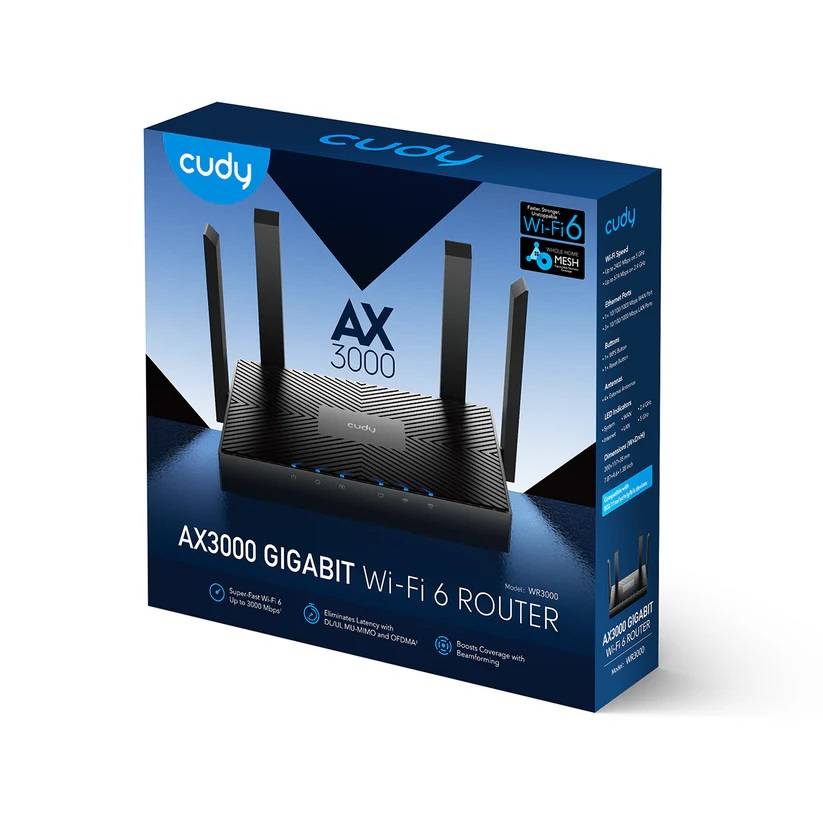 Cudy WR3000 1.0 Гигабитный роутер Wi-Fi 6 AX3000, 2,4/5 ГГц, до 2976 Мбит/с, 4x1 Гбит/с, IPv6, подде
