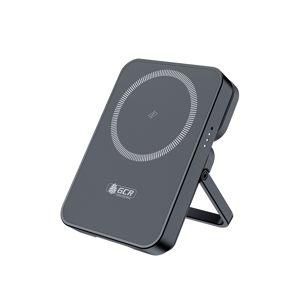 Повербанк/ GCR PRO PowerBank магнитный 2в1 на 5000mAh MagSafe беспроводная зарядка 15W + Type-C PD 20W, складная подставка, графит