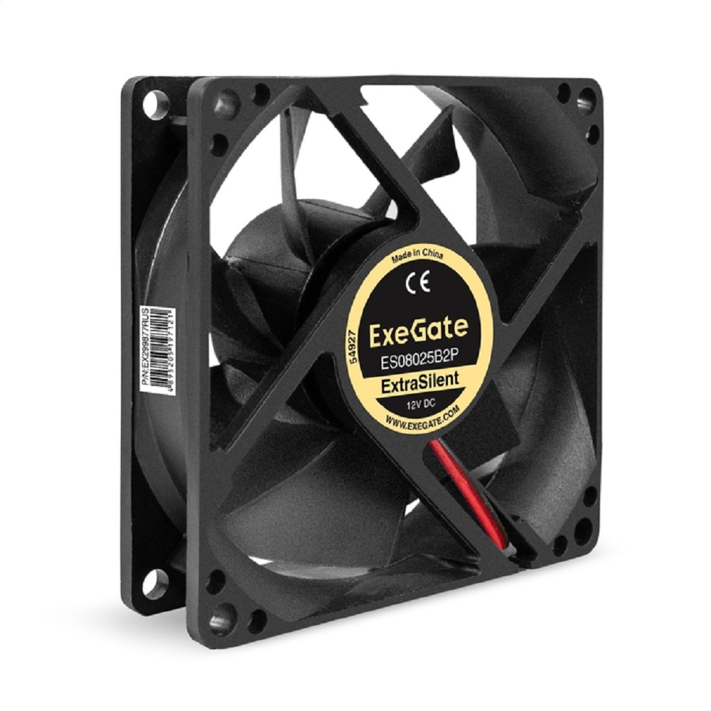 Вентилятор 12В DC ExeGate ExtraSilent ES08025B2P (80x80x25 мм, 2-Ball (двойной шарикоподшипник), 2pin, 2000RPM, 19dBA)