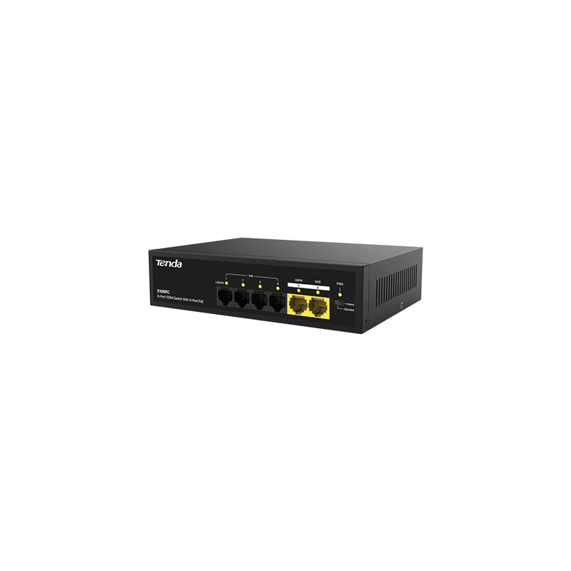 Коммутатор Tenda S106PC Коммутатор неуправляемый PoE, 6 портов 5x100 Мбит/с, PoE 4х до 30 Вт, настол