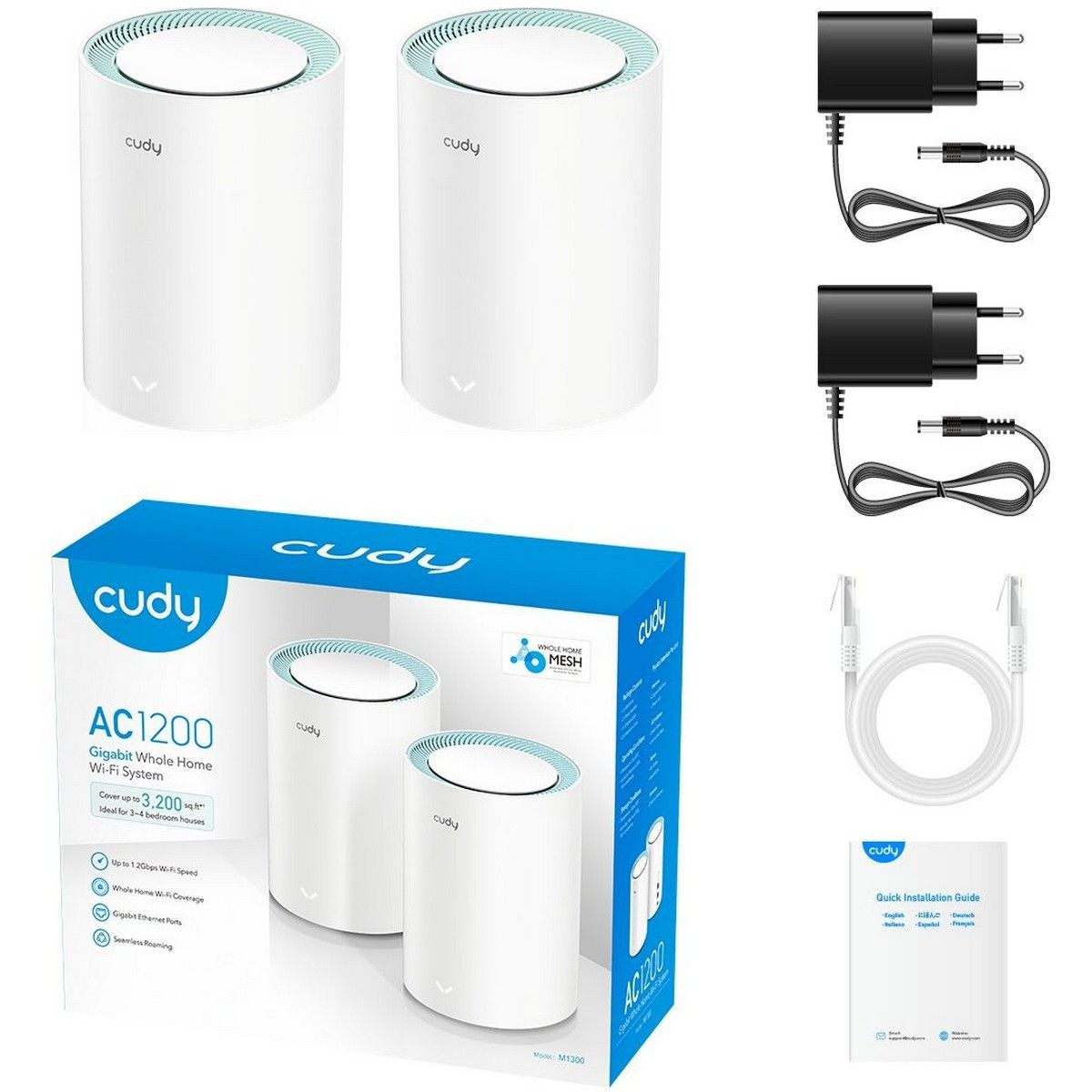 Бесшовный Mesh роутер Cudy M1300 (M1300(2-PACK)) AC1200 10/100/1000BASE-TX белый (упак.:2шт)