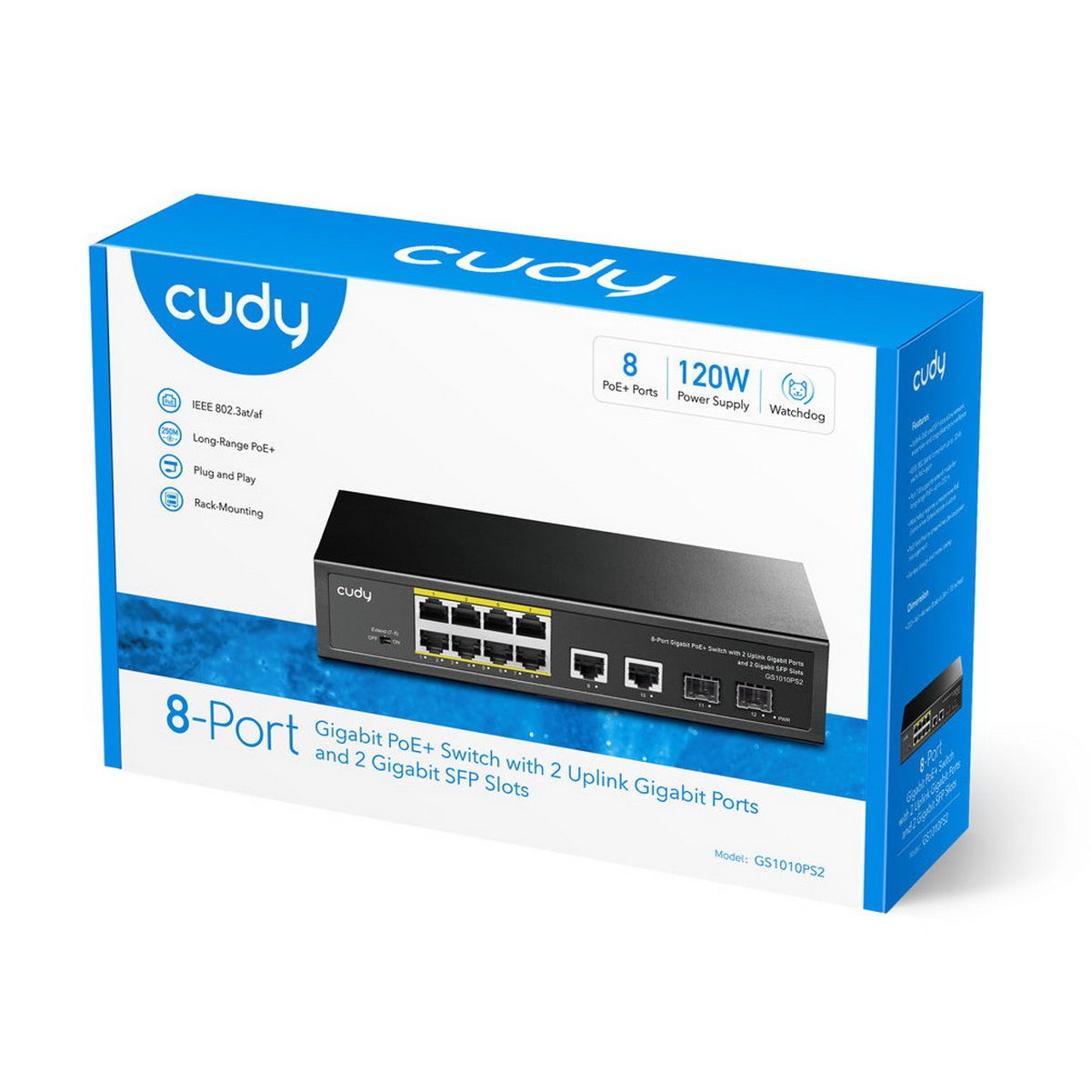 Коммутатор Cudy GS1010PS2 (L2) 10x1Гбит/с 2xКомбо(1000BASE-T/SFP) 2SFP 8PoE 120W неуправляемый