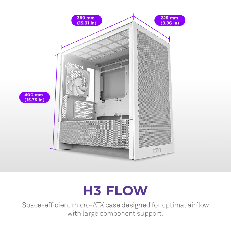 Корпус NZXT H3 Flow (2025), Midi-Tower, TG, 1x120mm, 1xUSB-A 3.2 + 1xUSB-C 3.2, mATX, mITX White