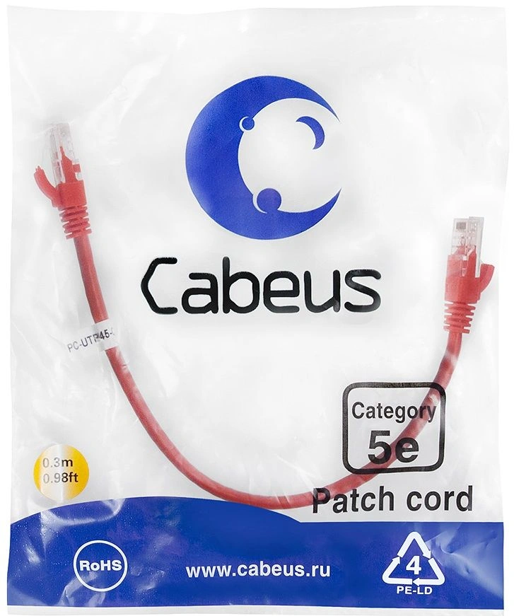 Патч-корд Cabeus PC-UTP-RJ45-Cat.5e-0.3m-RD-LSZH Патч-корд U/UTP, категория 5е, 2xRJ45/8p8c, неэкран