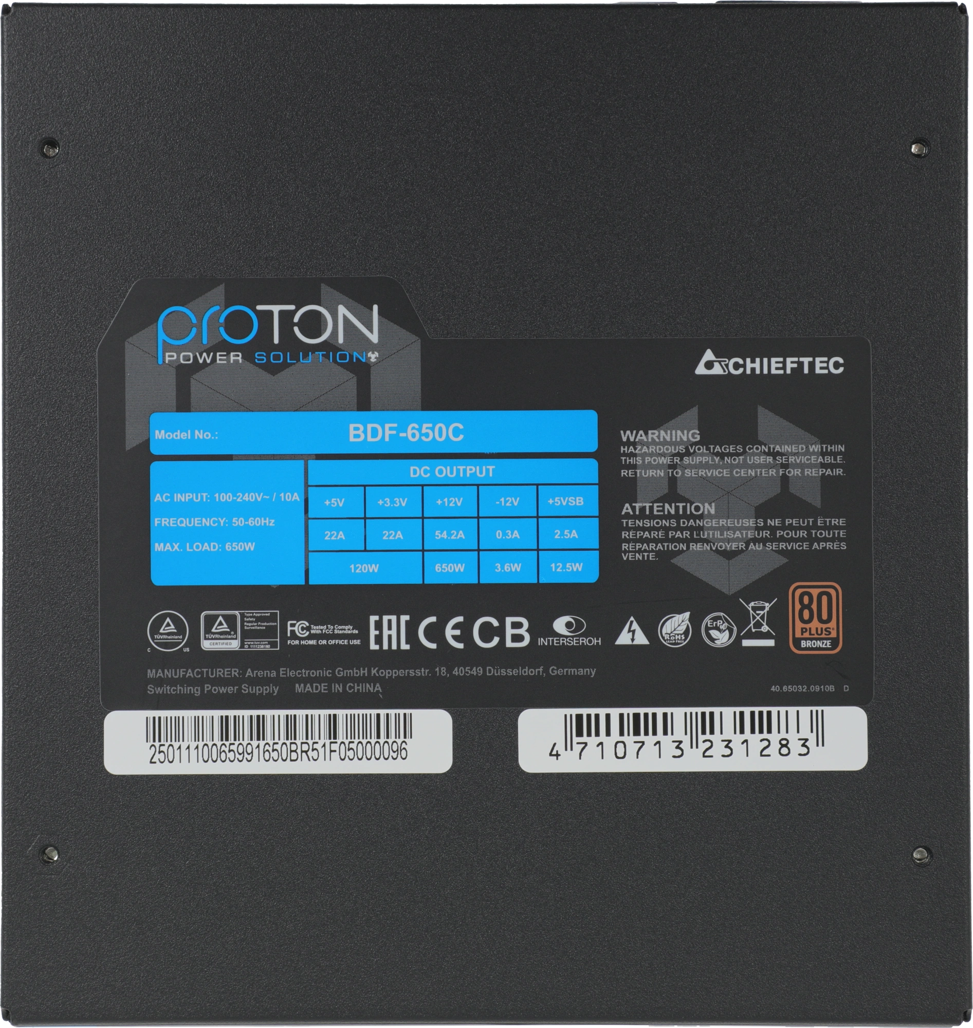 Блок питания Chieftec ATX 650W Proton BDF-650C 80+ bronze (20+4pin) APFC 140mm fan 6xSATA Cab Manag 