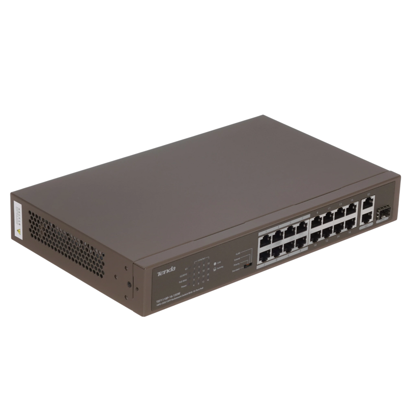 Коммутатор Tenda TEF1118P-16-150W (L2) 16x100Мбит/с 2x1Гбит/с 1SFP 16PoE 130W неуправляемый