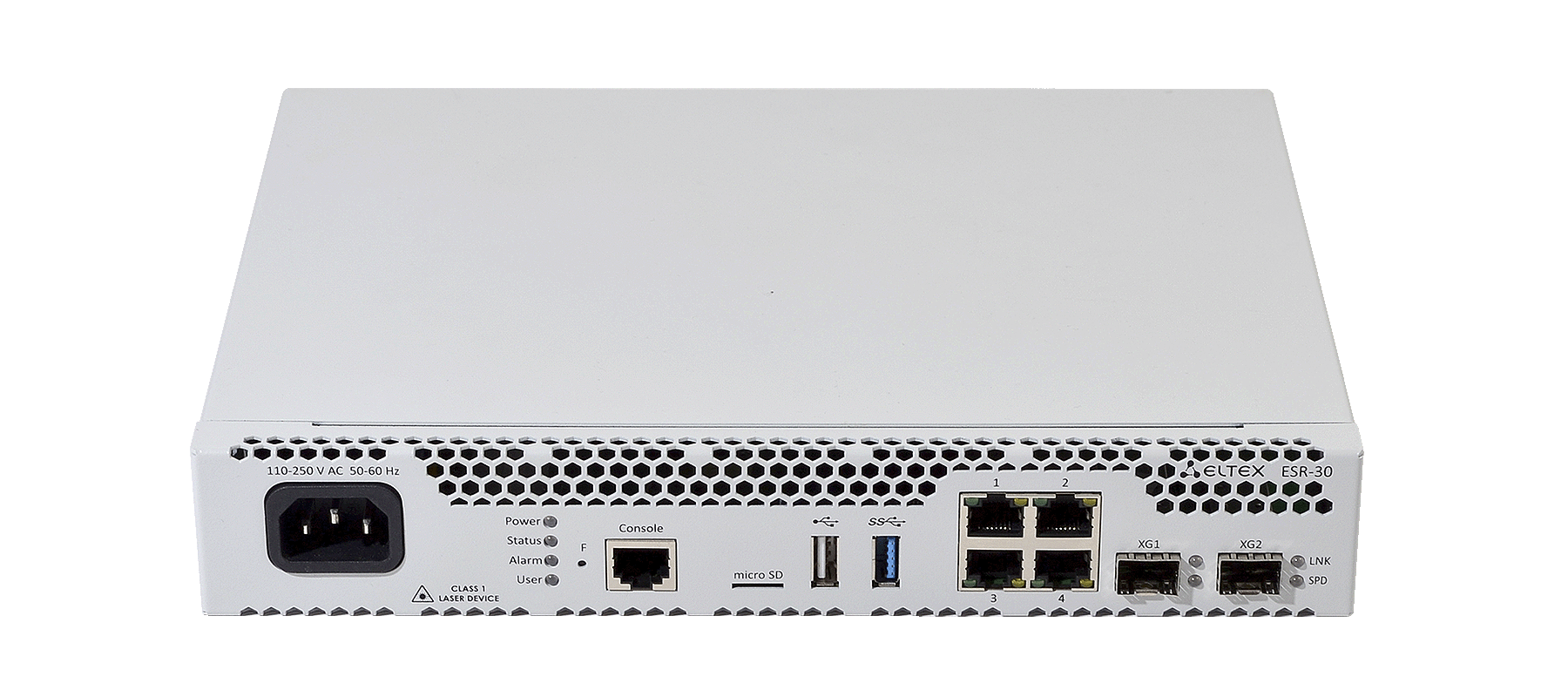 Межсетевой экран ESR-30 FSTEC A4, 4x10/100/1000BASE-T, 2x10GBASE-R SFP+, 1xConsole (RJ-45), 1xUSB 2.0, 1xUSB 3.0, 1 слот для micro-SD карт, 4 Гб RAM, 8 Гб Flash, 100–264 В АС