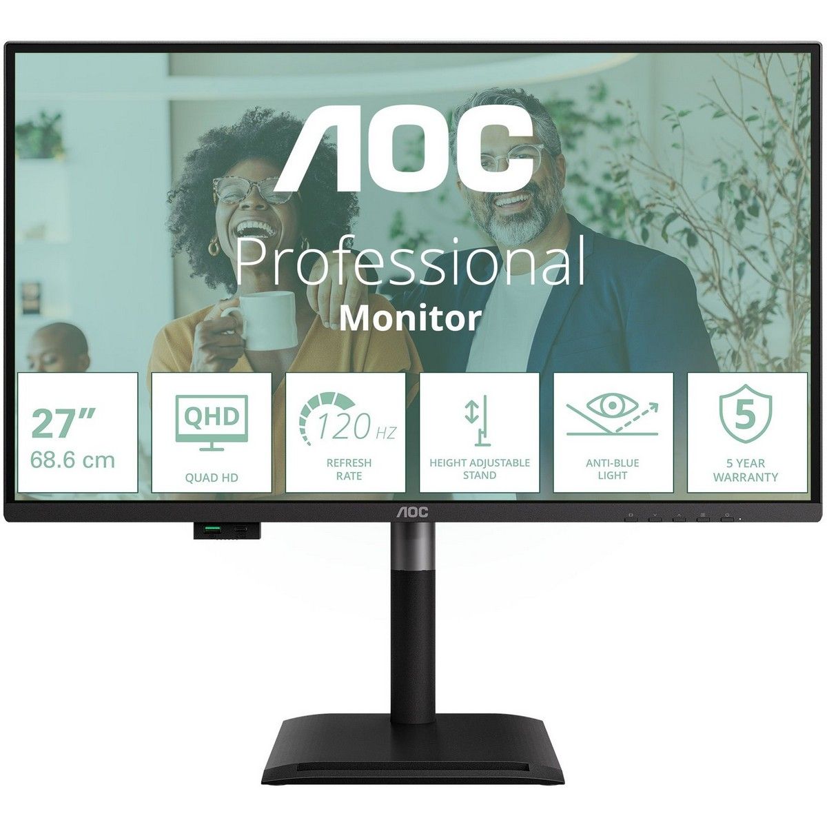 Монитор 27" AOC 2560x1440 WLED 16:9 IPS 350cd, 1500:1, 50M:1, 4ms, 178°/178°, HDMI, DP, USB hub: 4*U