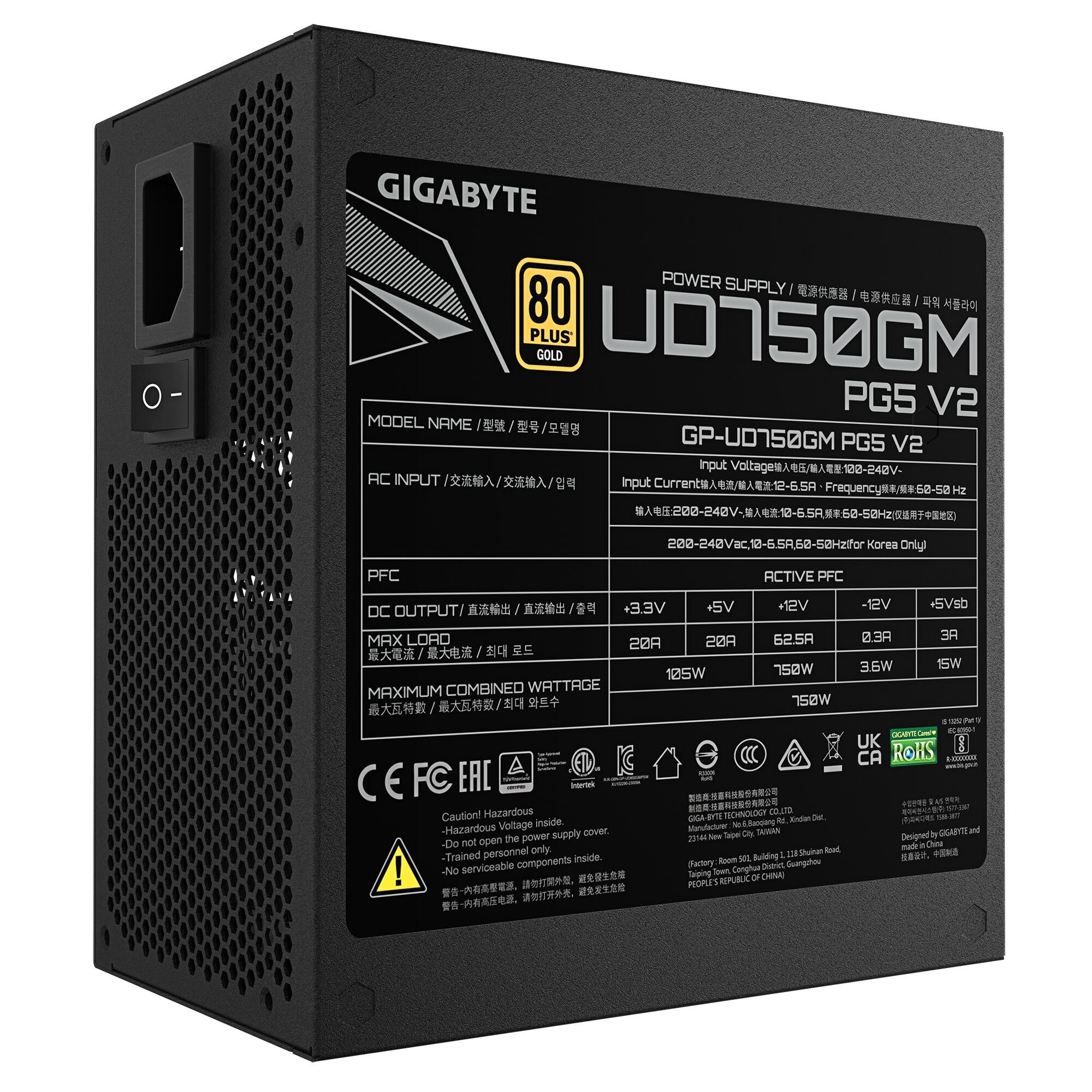 Блок питания Gigabyte ATX 750W GP-UD750GM PG5 80+ gold (20+4pin) APFC 120mm fan 8xSATA Cab Manag RTL