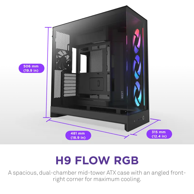 Корпус NZXT H9 Flow RGB (2025), Midi-Tower, TG, 3x140mm RGB + 1x120mm, 2xUSB-A 3.2 + 1xUSB-C 3.2, E-