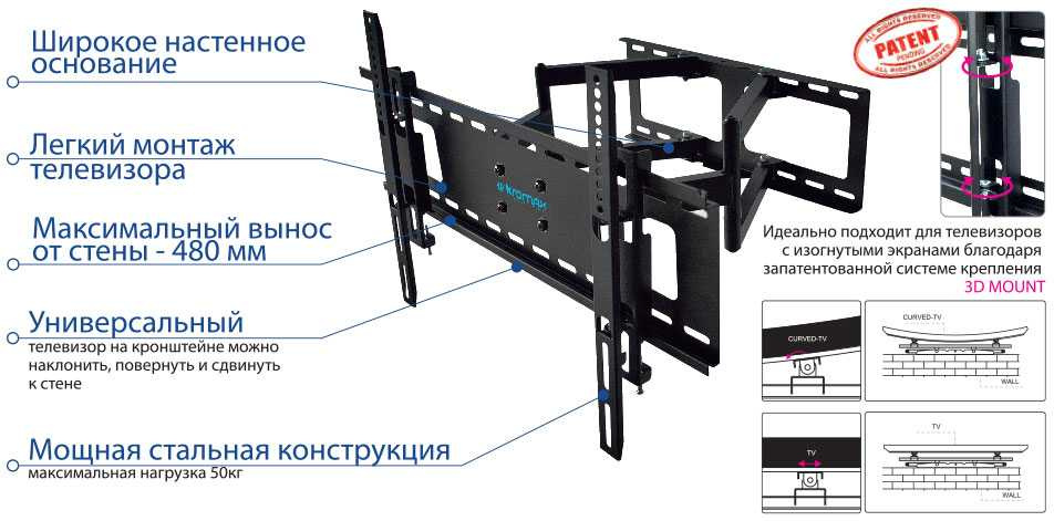 Кронштейн для телевизора Kromax ATLANTIS-80 черный 32"-75" макс.50кг настенный поворотно-выдвижной и