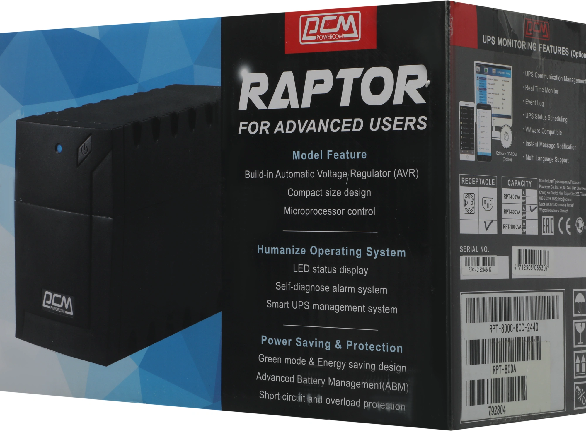 Источник бесперебойного питания Powercom Raptor RPT-800A 480Вт 800ВА черный