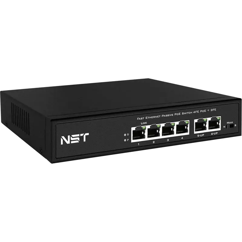 Passive PoE коммутатор Fast Ethernet на 6 портов. Порты: 4 х FE (10/100 Base-T, 52V 4,5(+) 7,8(–)) с