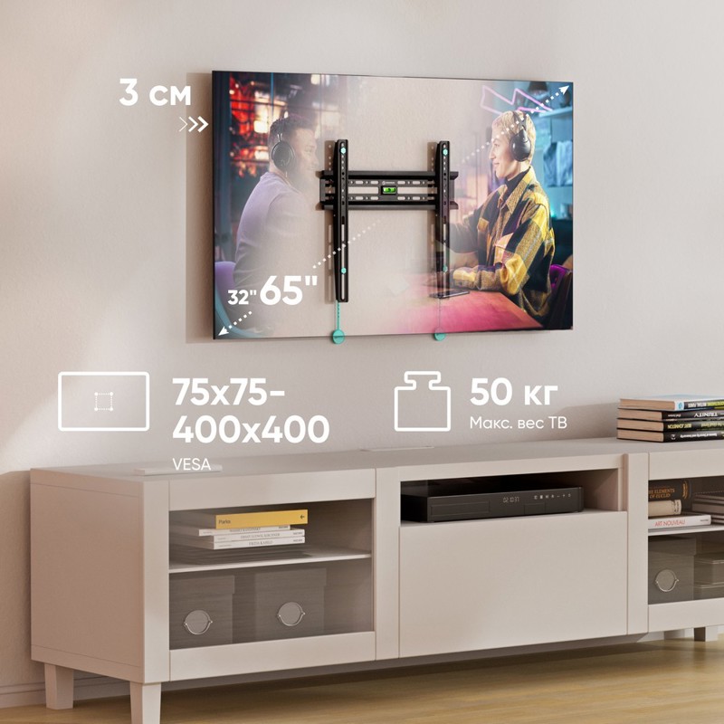 Кронштейн для телевизора Onkron FM2 черный 32"-65" макс.50кг настенный фиксированный