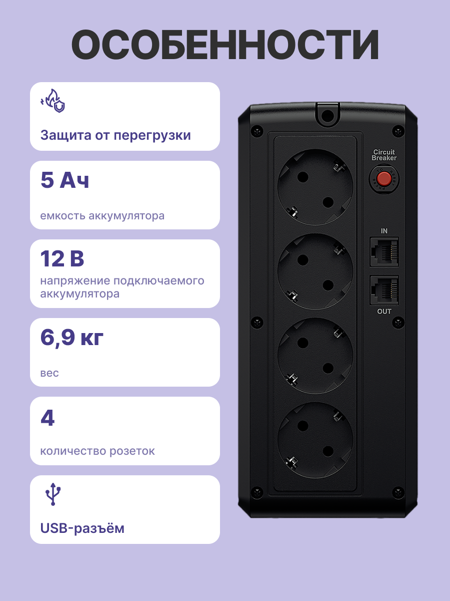 ИБП CyberPower UT1100EG Line-interactive 1100VA/660W (Euro x4, RJ11/RJ45, USB-порт 307x220x95(мм), 6