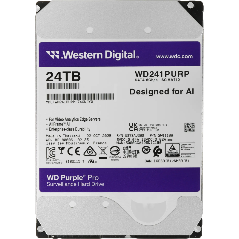 Жесткий диск WD SATA-III 24TB WD241PURP Surveillance Purple Pro (7200rpm) 512Mb 3.5"