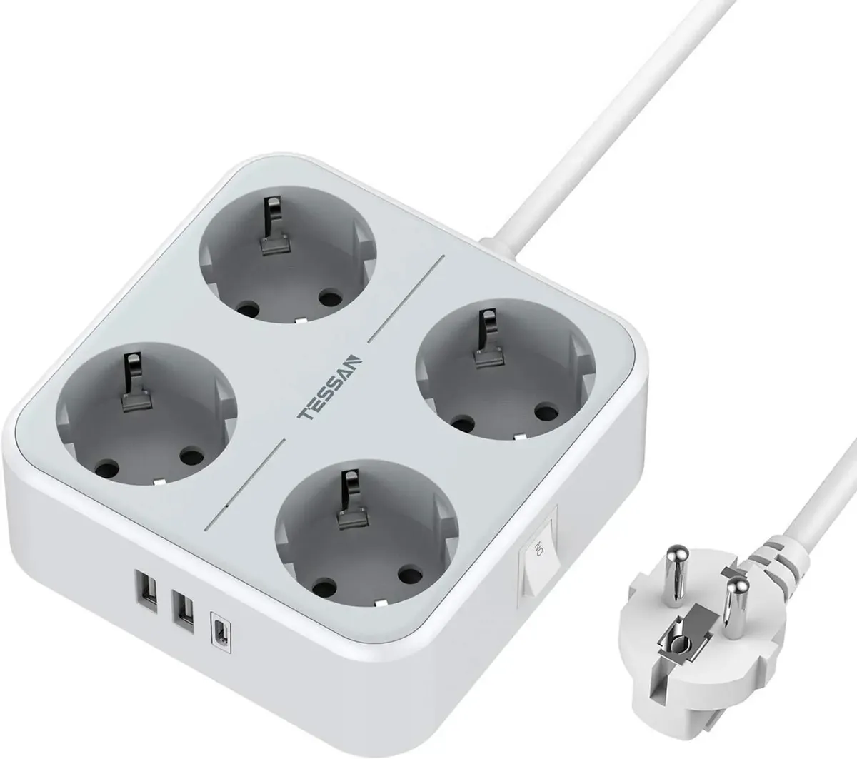 Сетевой фильтр TESSAN TS-302-C с 4 розетками 220В, 2 USB и 1 USB-C портами и кнопкой питания