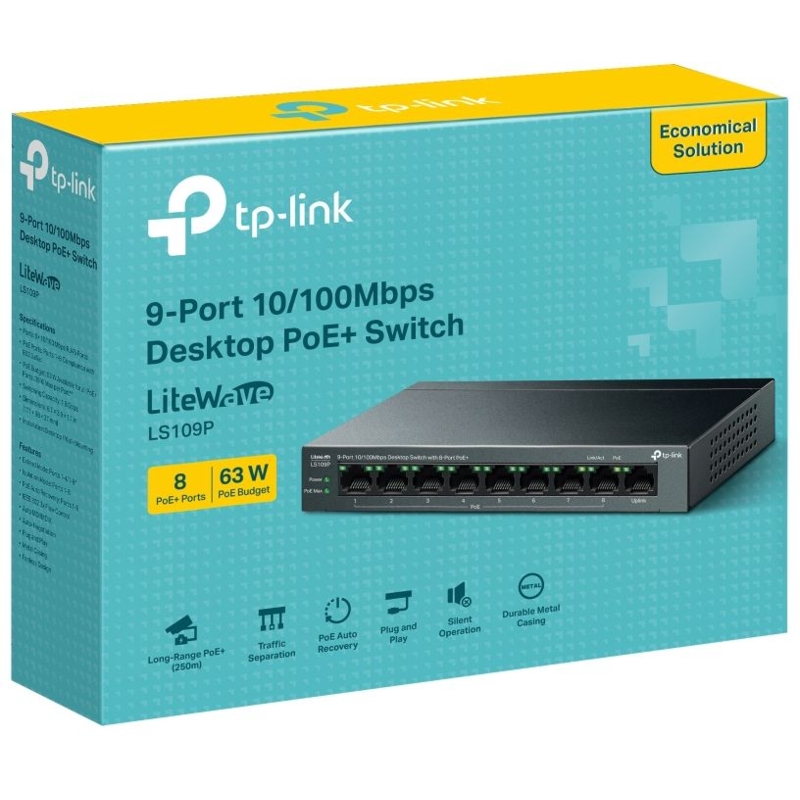 коммутатор TP-Link LS109P, 9-Port 10/100 Mbps Desktop Switch with 8-Port PoE+, 63 W, 250m