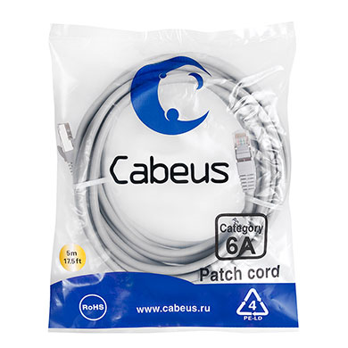 Патч-корд S/FTP, категория 6а (10G), 2xRJ45/8p8c, серый, LSZH, 5м Cabeus PC-SSTP-RJ45-Cat.6a-5m-LSZH