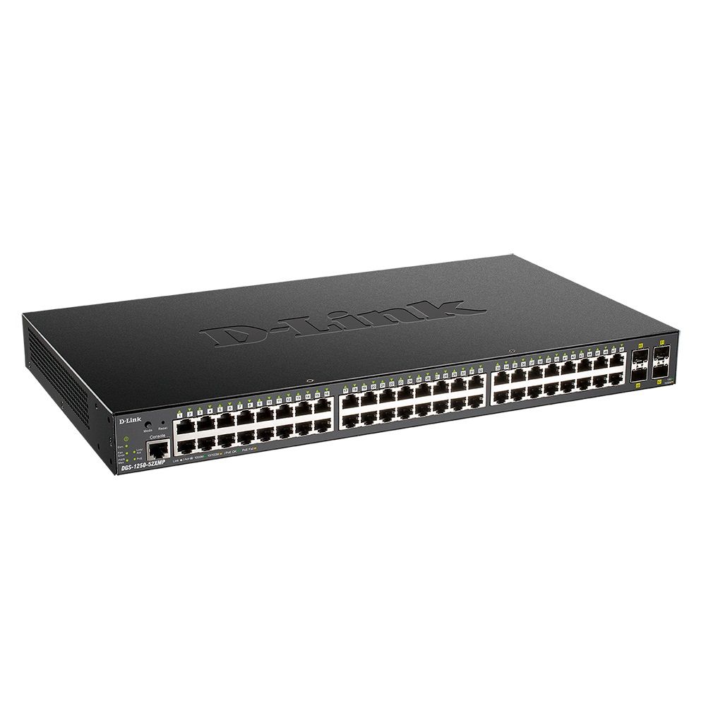 Коммутатор D-Link DGS-1250-52XMP/A1A (L2) 48x1Гбит/с 4SFP+ 48PoE+ 370W управляемый