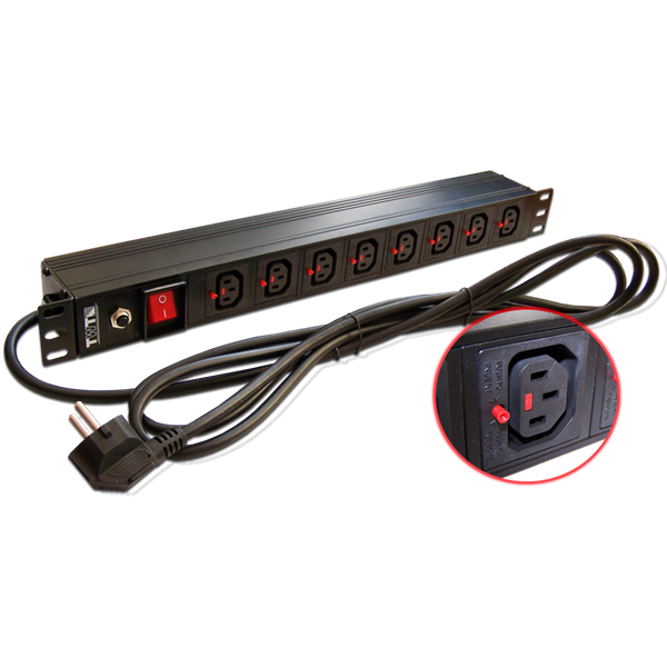 Блок розеток Блок розеток 19", 1-фазный с выключателем,10A / 250V, 8xC13 с фиксатором вилки, шнур 3.