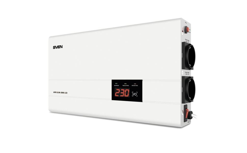 SVEN Стабилизатор  AVR SLIM-2000 LCD (1200Вт,Входное 140-260В, 2*CEE7/4 розетки, настенное крепление