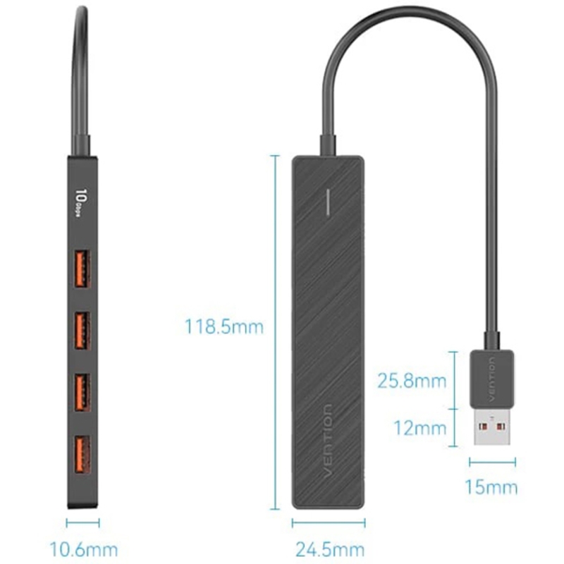 Концентратор Vention USB 3.2 Gen 2 на 4 порта Черный - 0.15м.