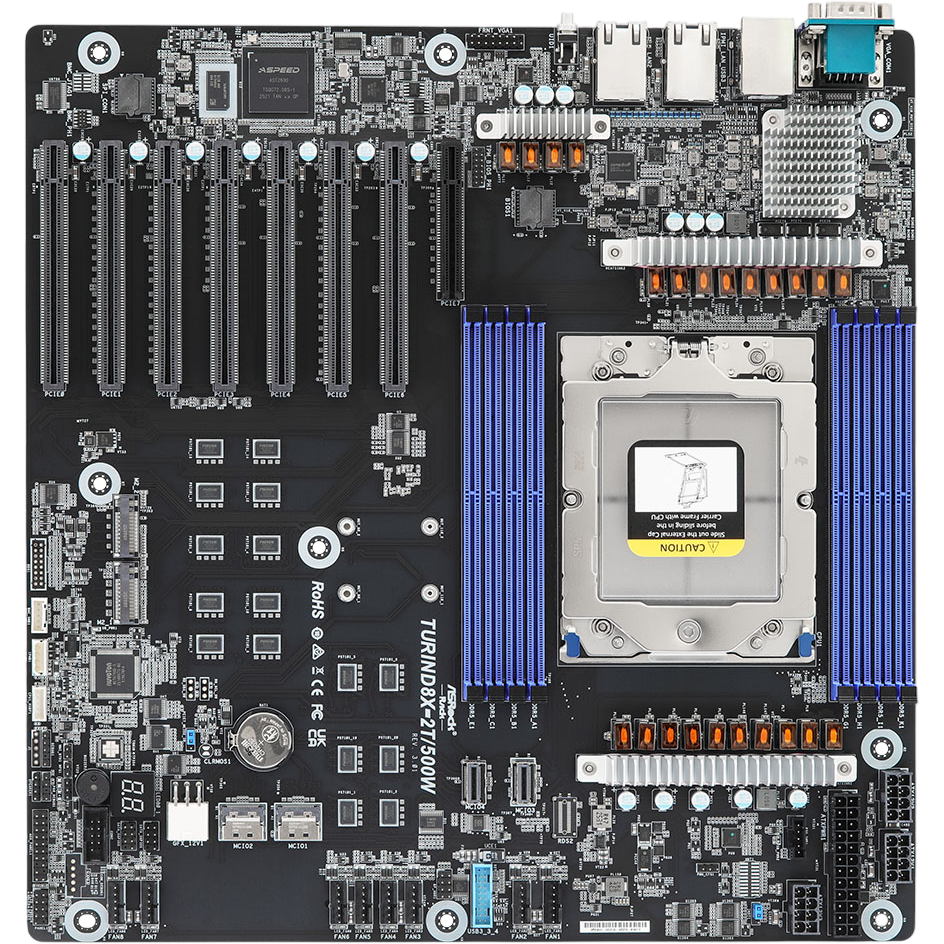 Материнская плата/ ASRock TURIND8X-2T/500W, EEB, 1x SP5 (LGA 6096) AMD EPYC™ 9005/9004, 8x DDR5 RDIMM, RDIMM-3DS, 4x PCIe5.0 / CXL2.0 x16*, 3x PCIe5.0 x16, 1x PCIe5.0 x8**, 2x MCIO** (PCIe5.0 x4 or 4 SATA 6Gb/s), 1x MCIO (PCIe5.0 x4 or 4 SATA 6Gb/s), 1x M