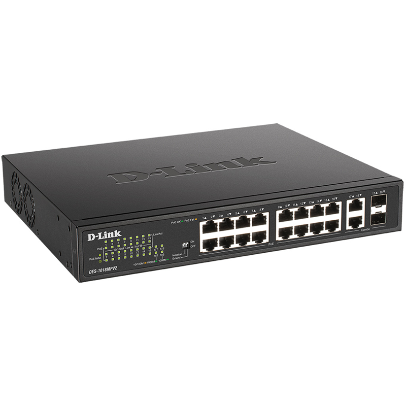 Коммутатор D-Link DES-1018MPV2/A1A Неуправляемый коммутатор с 16 портами 10/100Base-TX, 2 комбо-порт