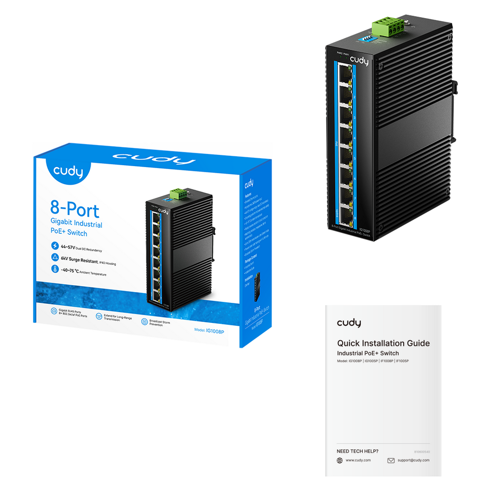 Коммутатор CUDY 8-Port Gigabit Industrial PoE Switch 8-Port Aluminum Industrial PoE Switch, 1000Mbps