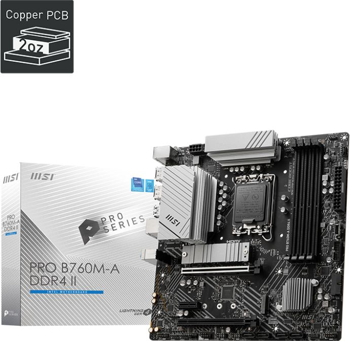 Материнская плата MSI PRO B760M-A DDR4 II Soc-1700 Intel B760 4xDDR4 mATX AC`97 8ch(7.1) 2.5Gg+HDMI+