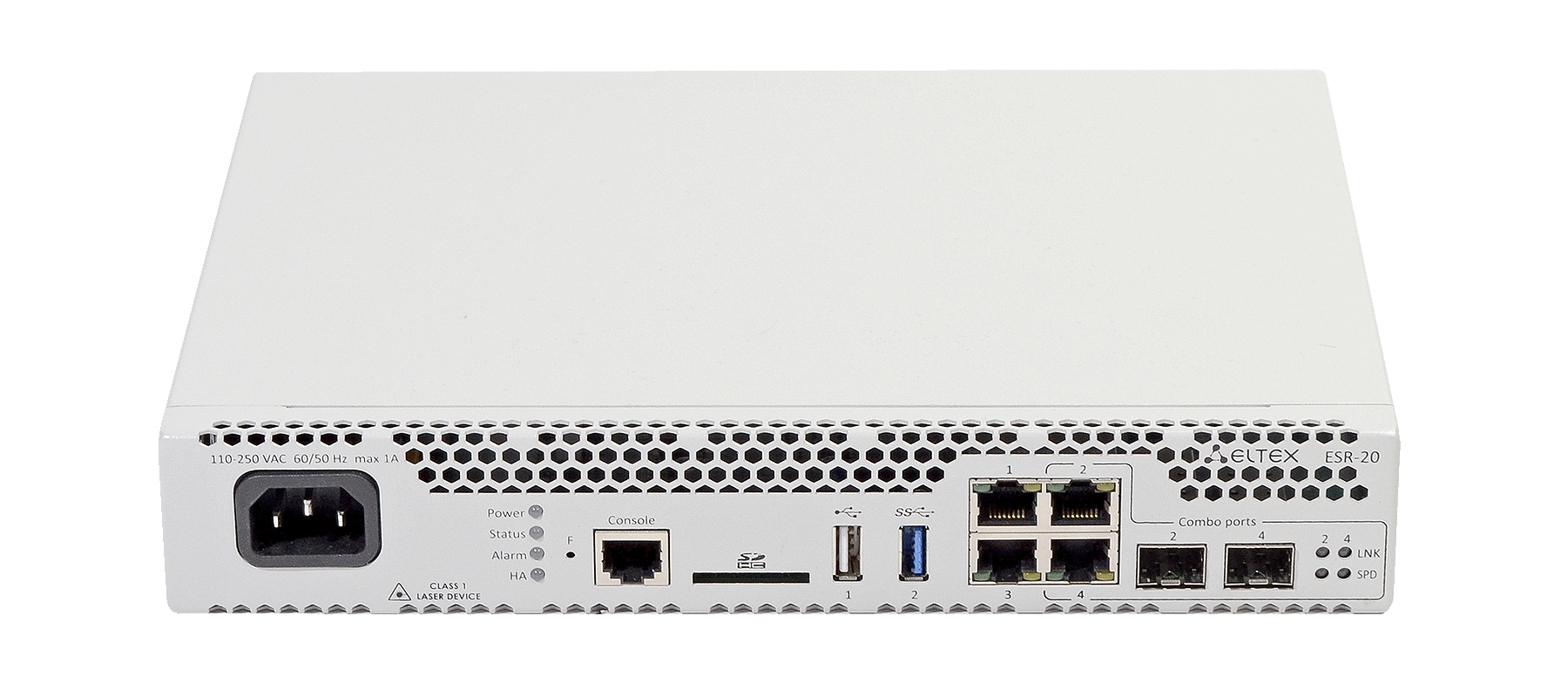 Межсетевой экран ESR-20 с программным обеспечением esr-20-1.5.3, 2 х 10/100/1000BASE-T, 2 x Combo 10/100/1000BASE-T/1000BASE-X SFP, 1 x USB 2.0, 1 x USB 3.0, 1 слот для SD-карт, Console, 4ГБ RAM, 4ГБ Flash, встроенный модуль питания 220В переменного тока