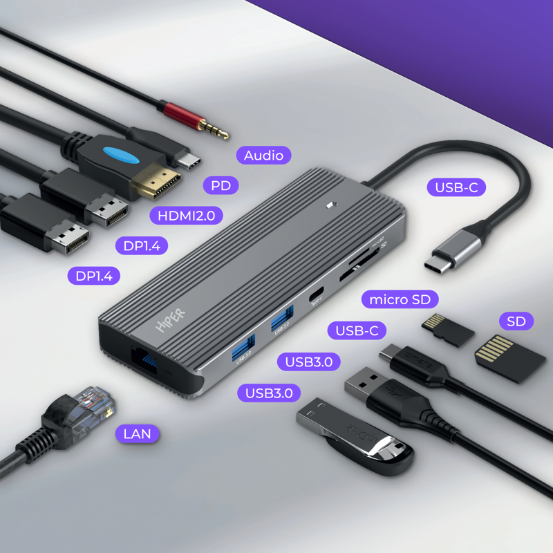 Док-станция HIPER USB-C HUB 11in1 (1*USB-C 100W PD, 1*HDMI 4K@60Hz, 2*DP 4K@60Hz, 2*USB-A 3.0 (5Gbps