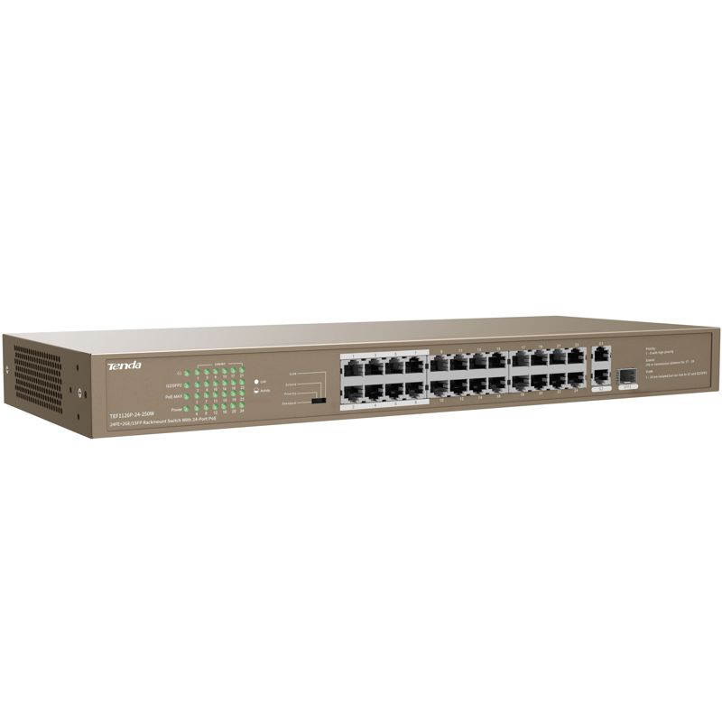 Коммутатор Tenda TEF1126P-24-250W (L2) 24x100Мбит/с 2x1Гбит/с 1SFP 24PoE 230W неуправляемый