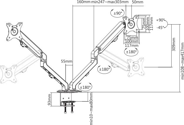 Кронштейн для мониторов Ultramounts UM729 черный 17"-27" макс.7кг крепление к столешнице поворот и н