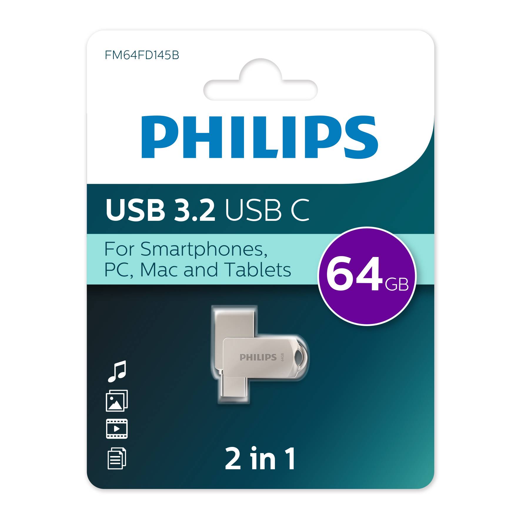 Флеш накопитель 64Gb PHILIPS 2-in-1 USB 3.2 USB C, OTG, USB 3.2/Type-C, Металл, 100 MB/s