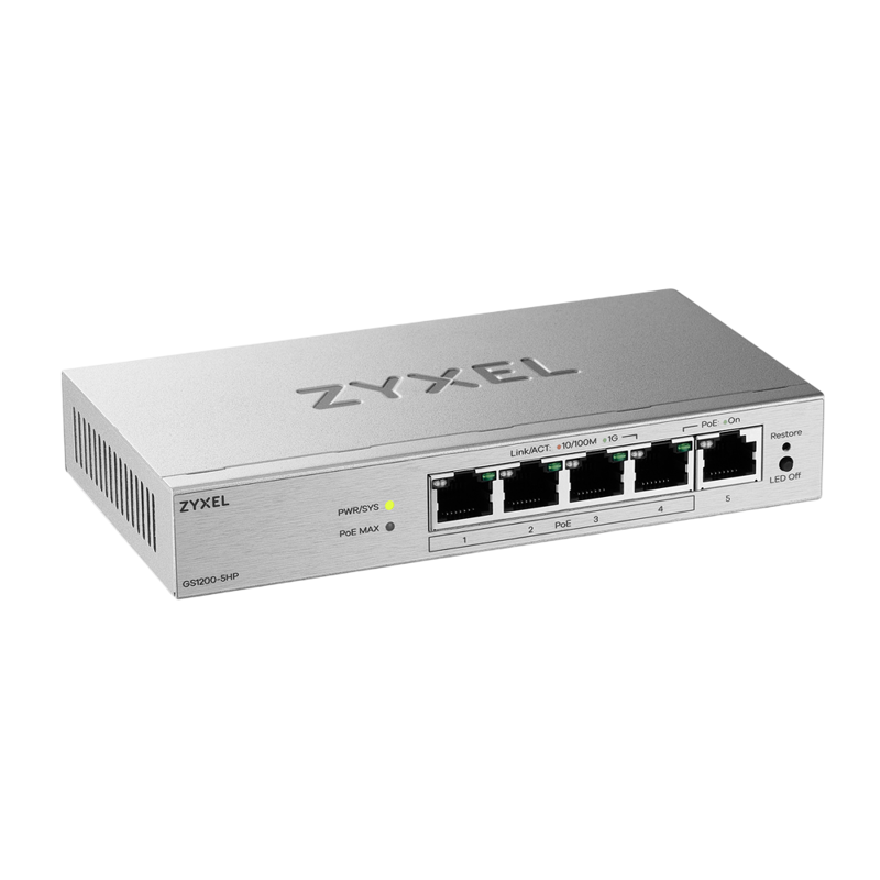 Коммутатор Web Smart L2 коммутатор Zyxel GS1200-5HPv3, 5xGE (4xPoE+), бюджет PoE 68 Вт, настольный, 