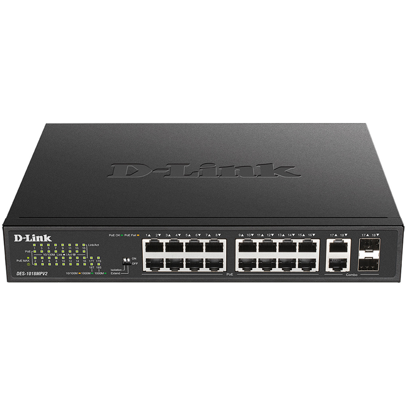 Коммутатор D-Link DES-1018MPV2/A1A Неуправляемый коммутатор с 16 портами 10/100Base-TX, 2 комбо-порт