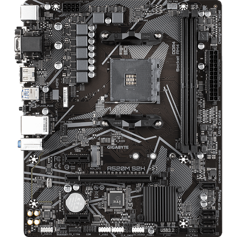 Материнская плата Gigabyte A520M S2H Soc-AM4 AMD A520 2xDDR4 mATX AC`97 8ch(7.1) GbLAN RAID+VGA+DVI+
